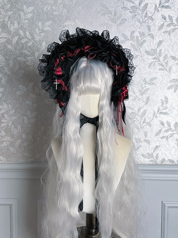Black Mist Banquet Gothic Cross Rose Bonnet + Veil + Brooch