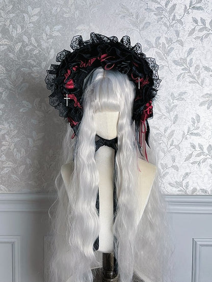 Black Mist Banquet Gothic Cross Rose Bonnet + Veil + Brooch