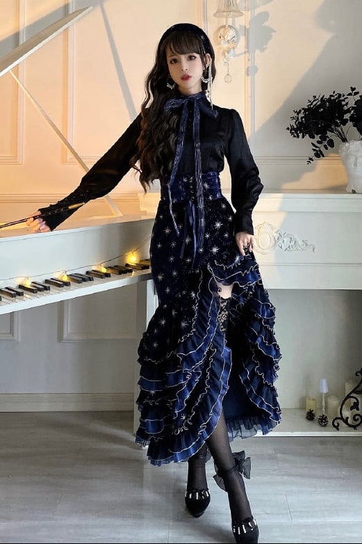 [Reservierungsschluss 1. Juni] Dunkelblau/rosa Atlantis Dark-Fantasy-Lolita-Sternenperlen-Bustierkorsett + prächtiger Rüschen-Meerjungfrauenrock