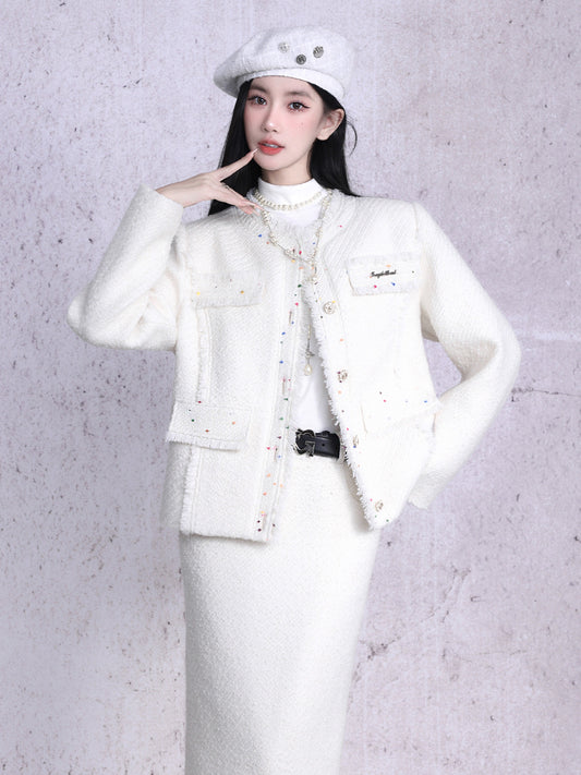 White Fragrance Colorful Jacket + Long Tight Skirt