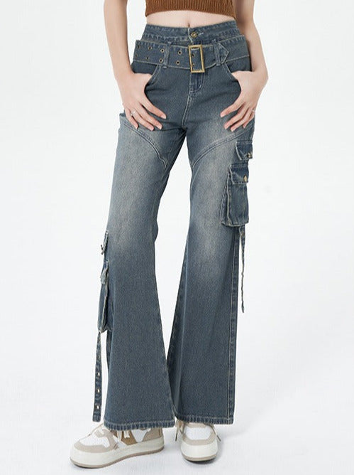 Retro wash design street belt flared denim