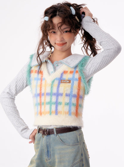 American Retro Colorful Check V-Neck Fur Vest