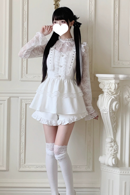 Pure suspender skirt+lace tops+frill pants