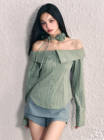 Striped neck flower design off-the-shoulder shirt