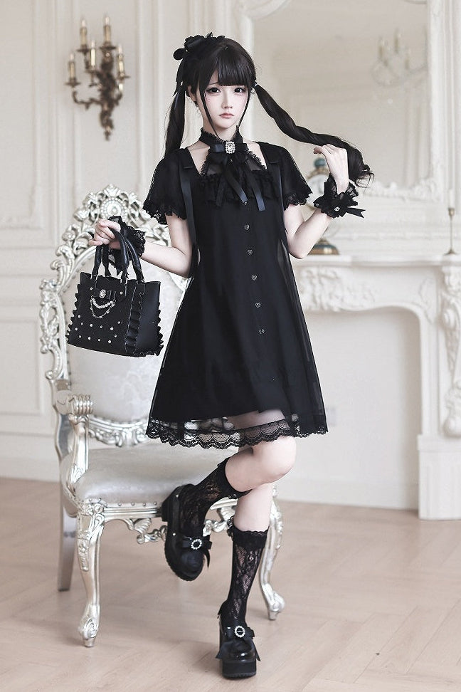 [Reservierungsschluss am 15. Juli] Schwarzes Gothic-Tüllkleid im Lagenlook mit Schmuckschleife + Rosenkreuz-Haarspange + Handgelenkmanschetten