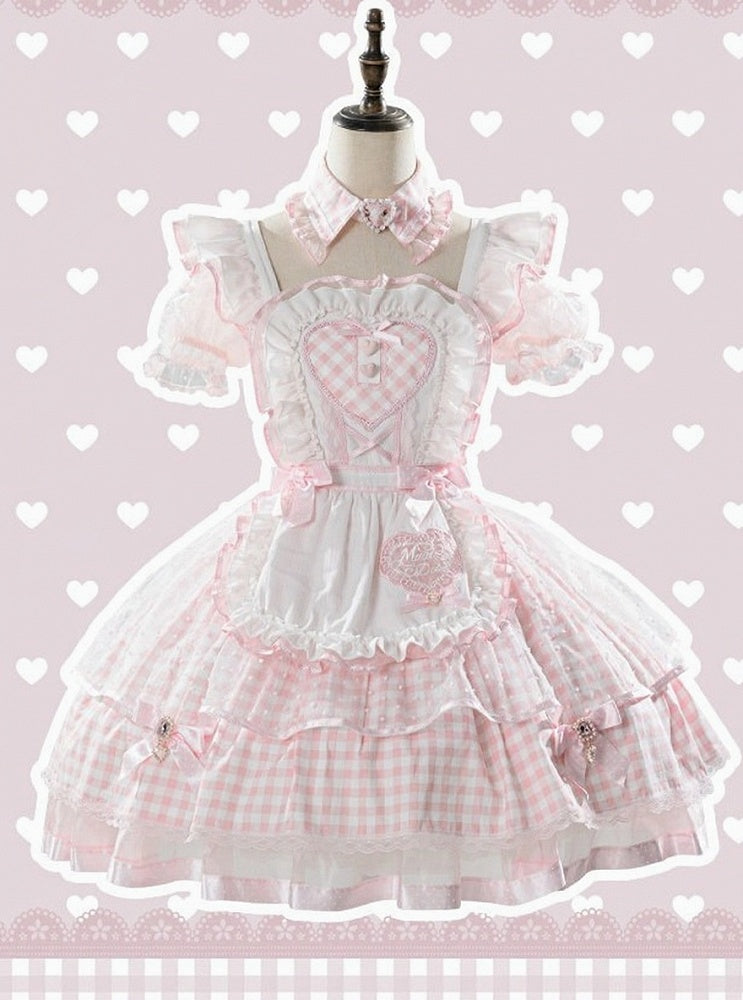 [Vorbestellschluss: 13. Juni] Rosa Vichy-Karo-Schürzenkleid mit freien Schultern, Puffärmeln und Schleife (mit Kragen-Choker) + Haarreif + Handgelenkmanschetten
