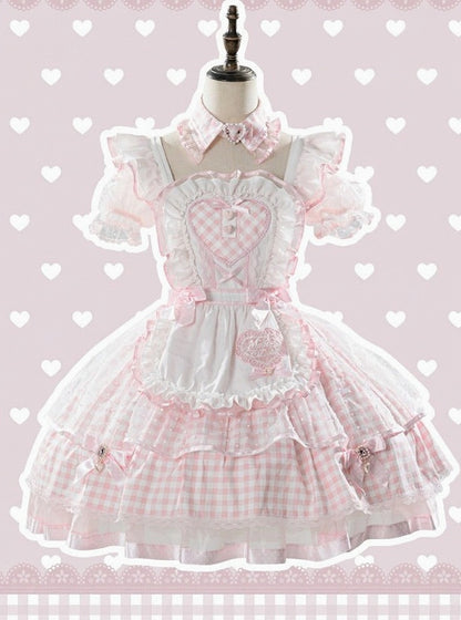 [Vorbestellschluss: 13. Juni] Rosa Vichy-Karo-Schürzenkleid mit freien Schultern, Puffärmeln und Schleife (mit Kragen-Choker) + Haarreif + Handgelenkmanschetten