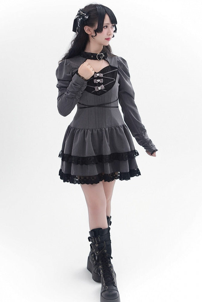 [Reservierungsschluss 28. September] Pink x Schwarz/Grau x Schwarz Gothic-Kleid mit herzförmigem Ausschnitt, Gürtelkragen, Spitzenbesatz und Schleifendetail