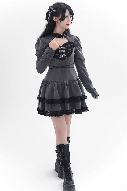 [Reservierungsschluss 28. September] Pink x Schwarz/Grau x Schwarz Gothic-Kleid mit herzförmigem Ausschnitt, Gürtelkragen, Spitzenbesatz und Schleifendetail