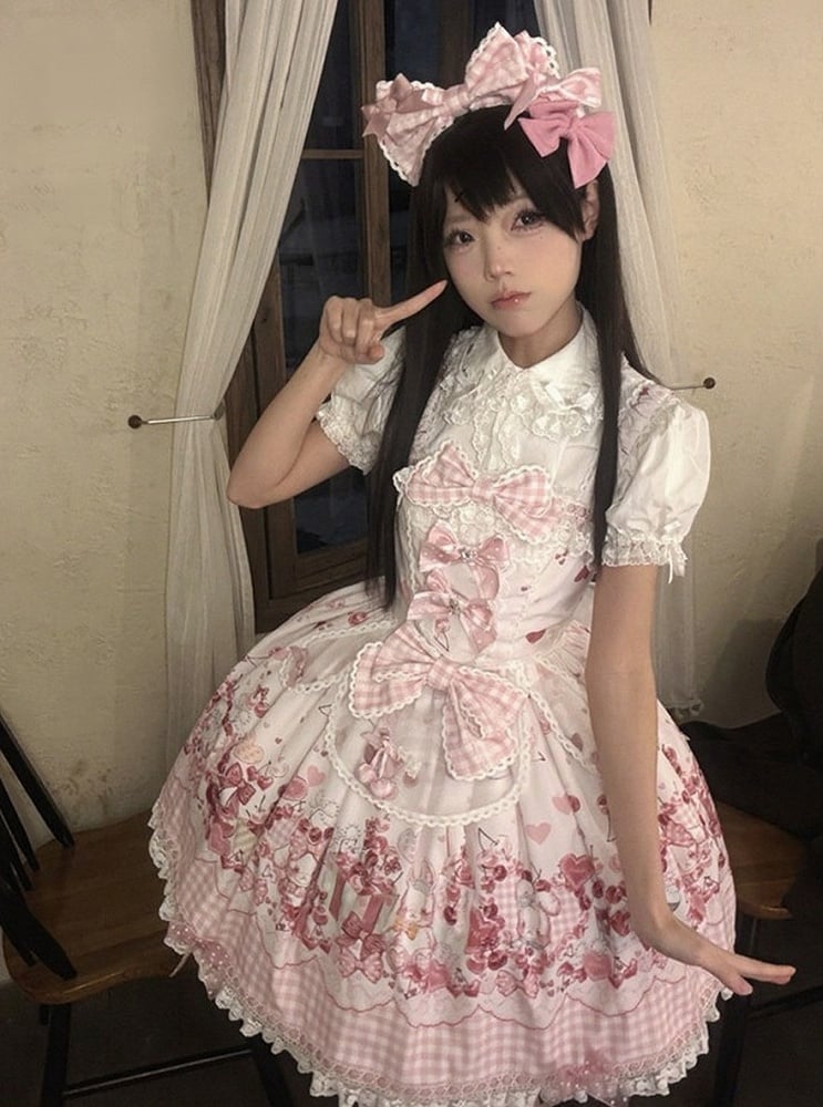 [Précommande jusqu'au 5 mai] Robe JSK à imprimé cerises roses, dentelle, ruban et tablier oreilles de lapin + accessoires