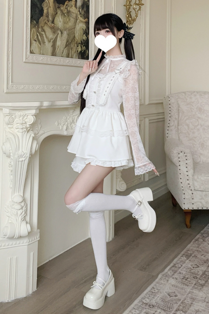 Pure suspender skirt+lace tops+frill pants