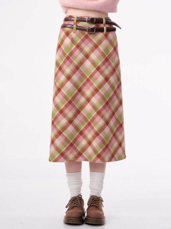 Maillard High Waist Slim Green Mid Length Check Wool Skirt