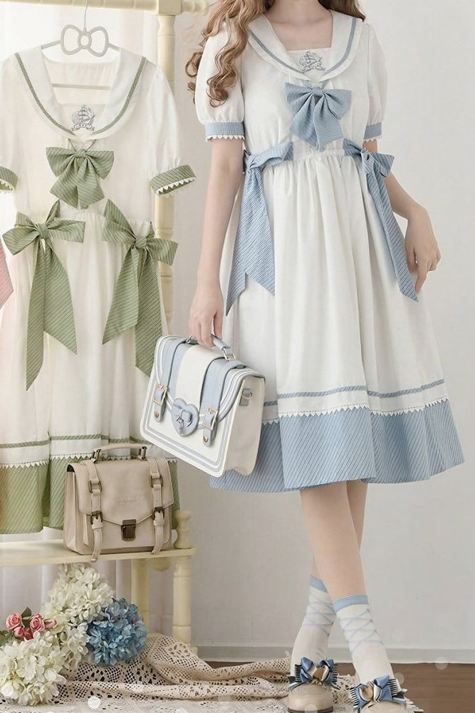 [Reservierungsschluss 28. Juni] 5 Farben/Sailor-Lolita-Streifenkleid mit Schleife und Puffärmeln