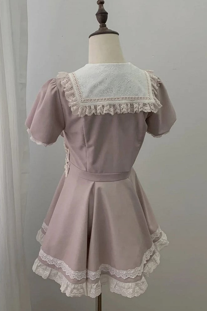 [Pre-order Deadline: April 15] Sailor Collar Pink Lace Jewel Ribbon Dress + Accessories