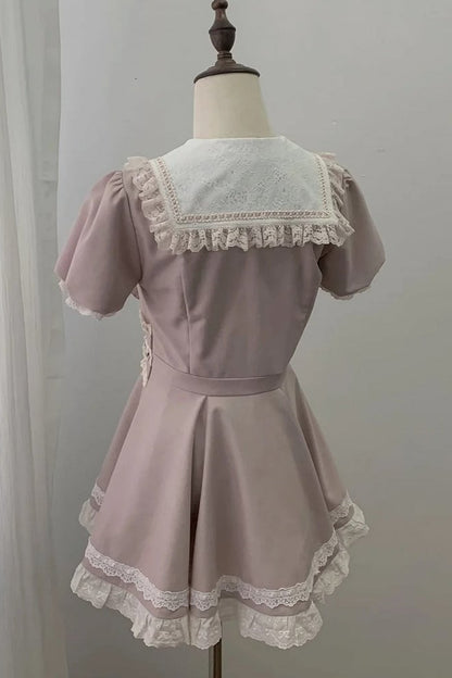 [Pre-order Deadline: April 15] Sailor Collar Pink Lace Jewel Ribbon Dress + Accessories
