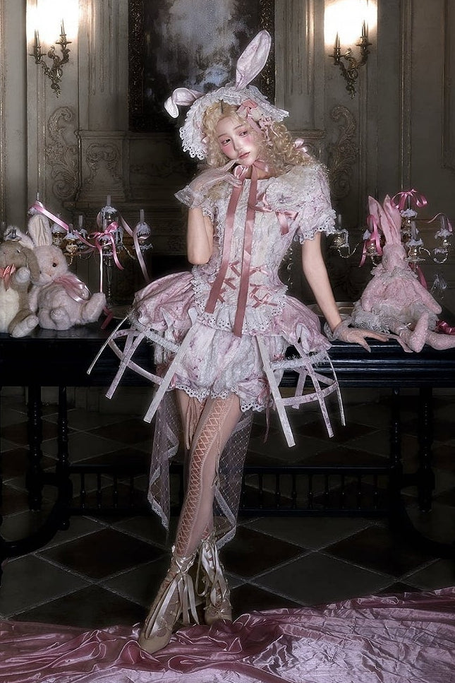 [Date limite de précommande : 6 octobre] Pink Castle Bunny ensemble poupée romantique avec haut corset à manches bouffantes en dentelle + short + surjupe à volants + surjupe cage à oiseaux Set 1/2/3