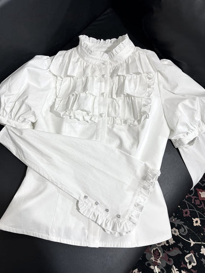 【4月18日予約締切】ダークゴシックロリータスタンドカラーパフスリーブラッフルシャツ（ロングスリーブ付き）