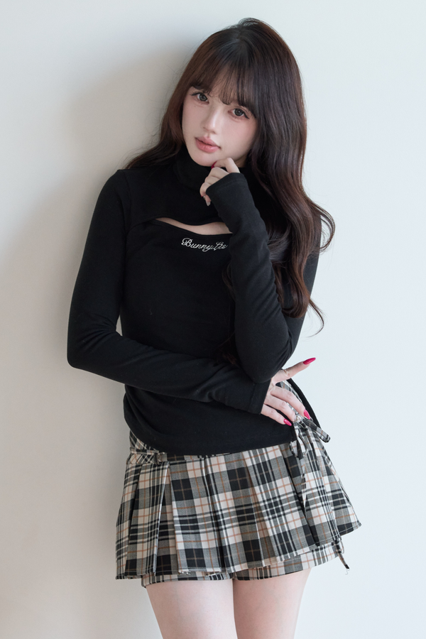 High Neck Knit Top + Check Skirt