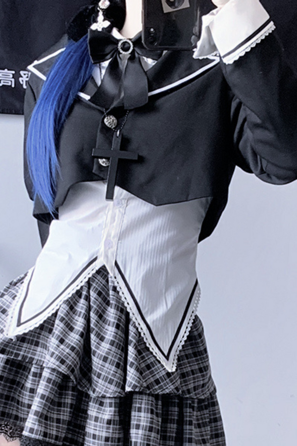 ゴシックスタイル+シャツ+チェックスカート+リボン+ネクタイ