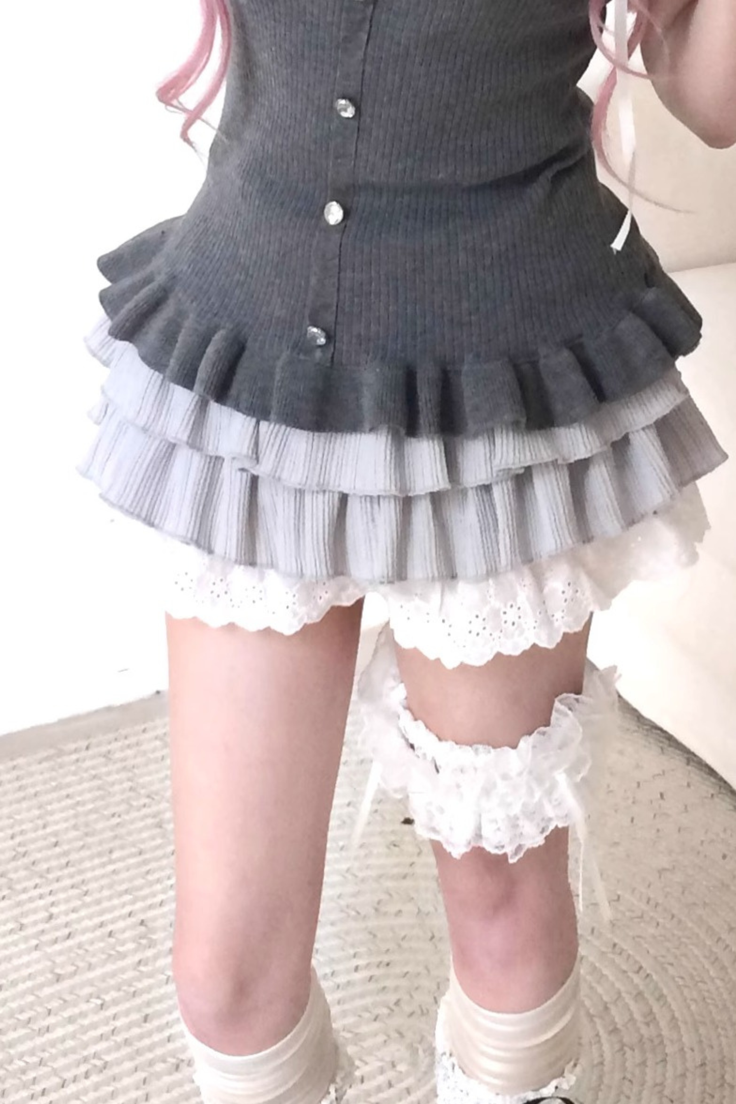 スリムリボンドットスリムトップス+ケーキスカート