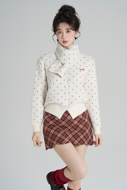 フレンチスタイルドットマフラー付きンカーディガン