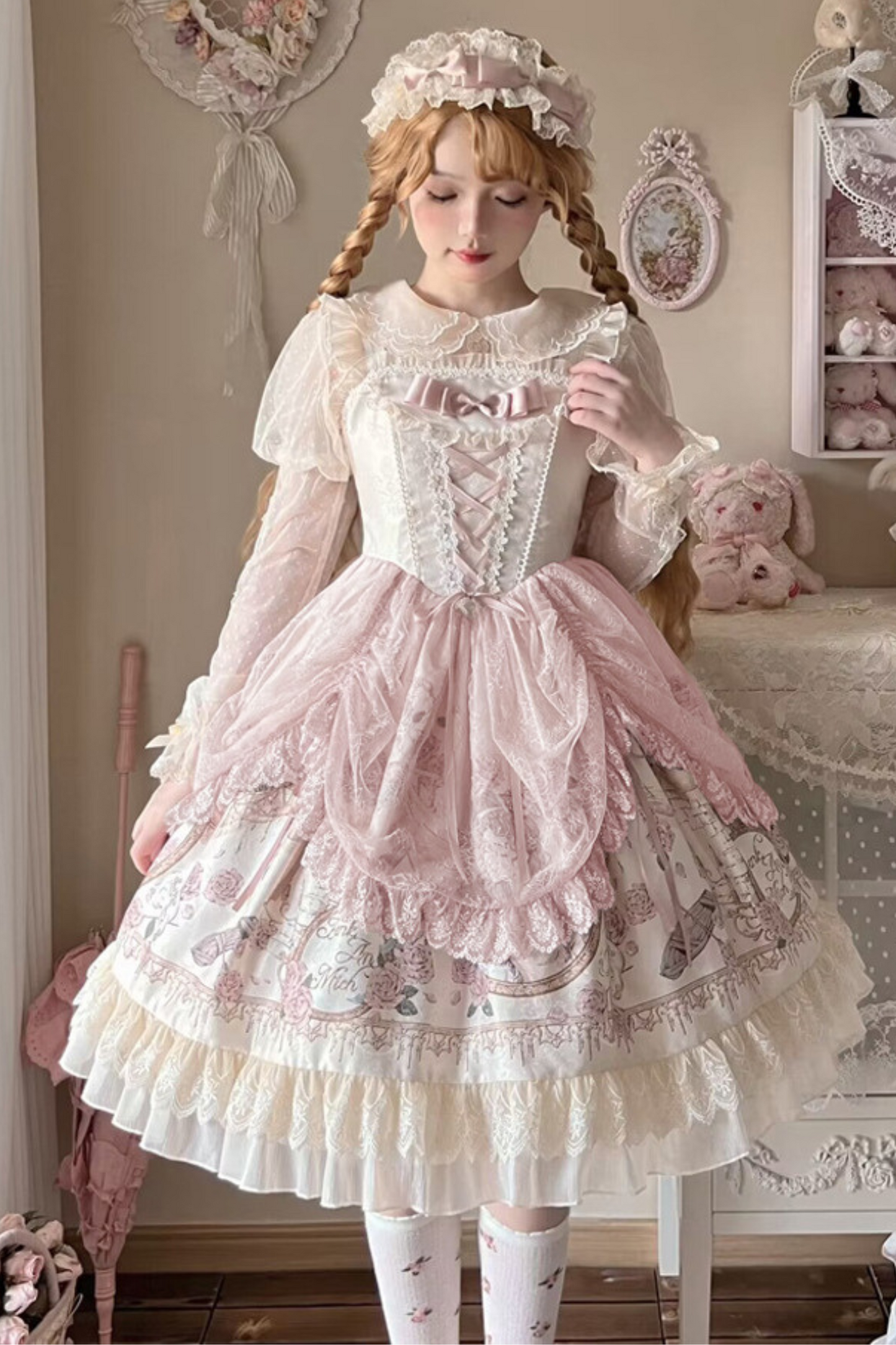 Daily Color Sweet Princess Jumper Skirt + Lace Doll Shirt