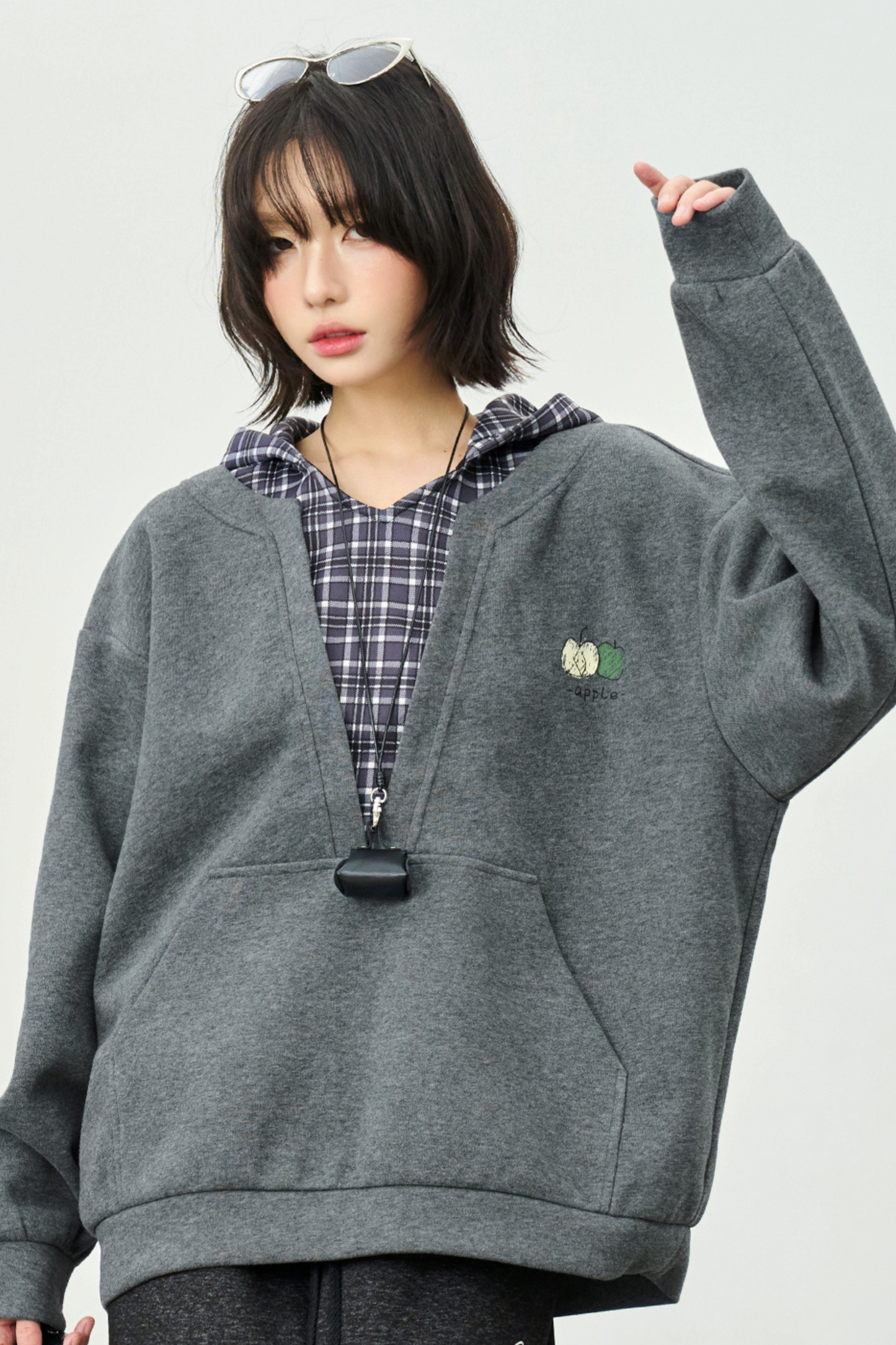 グラビティミュージアムフェイクツーピースチェックフードトップス