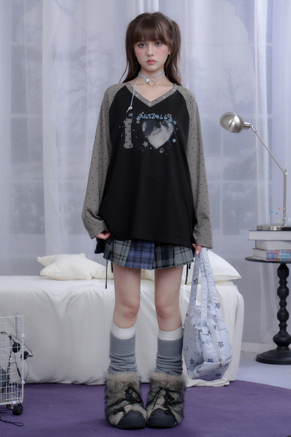 キャットプリントダークラグランロングスリーブトップス