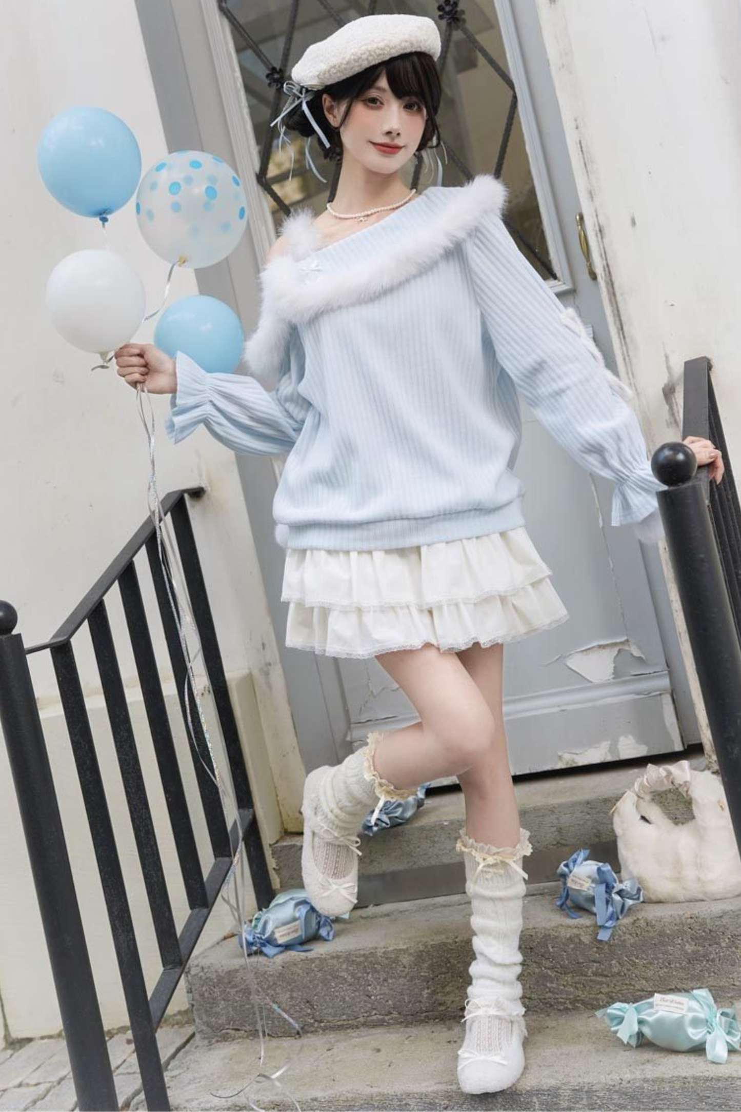 スイートブルーオフショルダーニットトップス