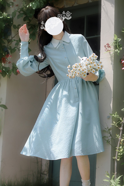 Blue Check French Retro Dress + Frilled Lace Apron