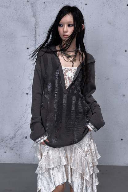 레이스 패치워크 루즈핏 후드 파카