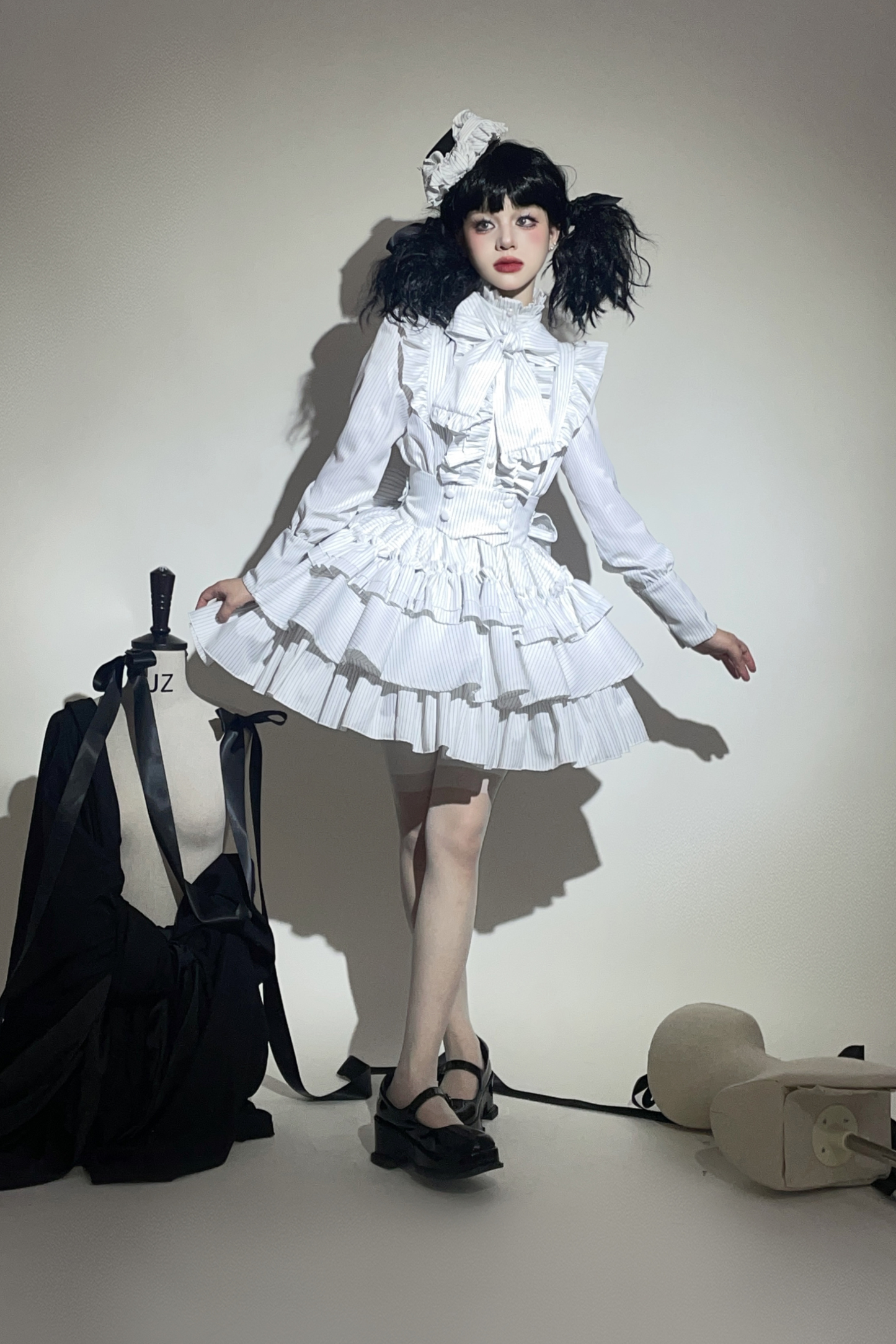 ストライプゴシックロリータシャツ+ケーキスカート