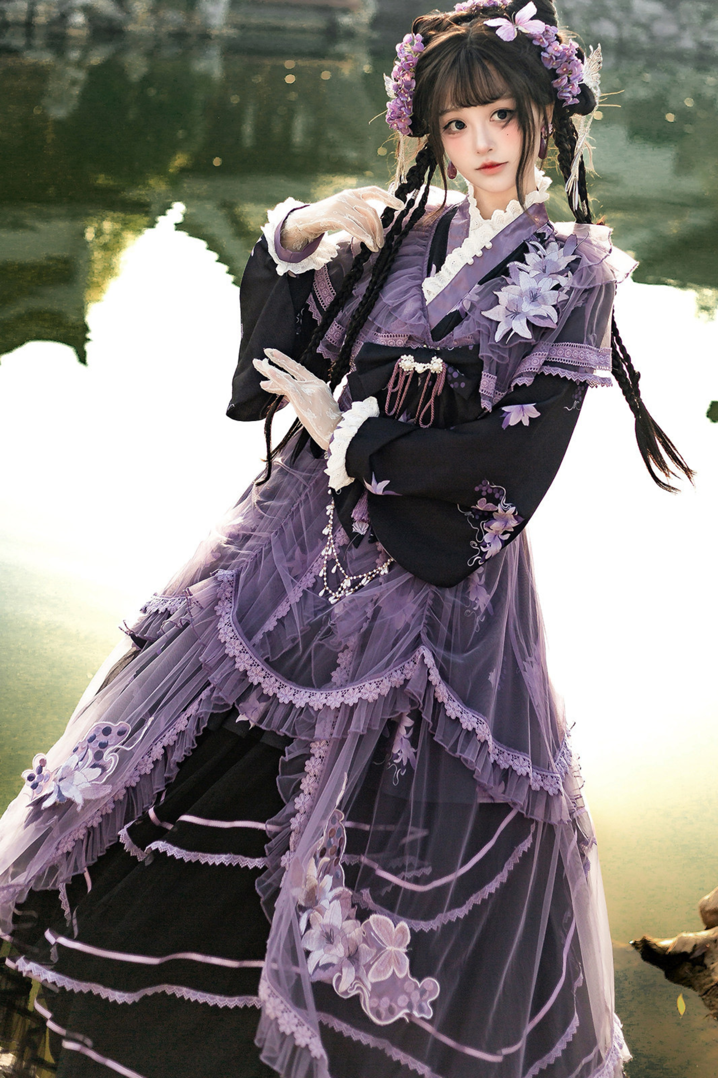 チャイナパープルフローラルドレス+アウタードレス+ロングスカート