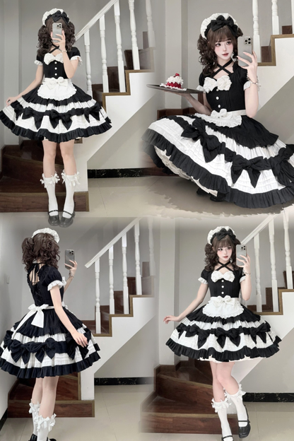 モノクロドールロリータドレス+カチューシャ+ボンネット+クリップ
