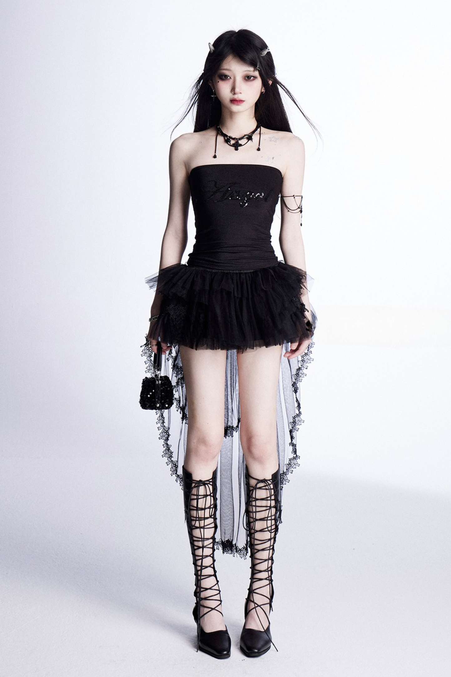 スパンコールトップス＋メッシュAラインスカート