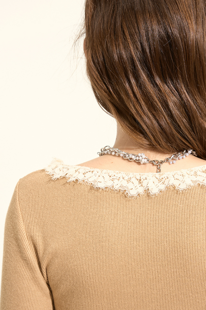 Latte-colored Romantic Lace Slim Fit Knit Dress