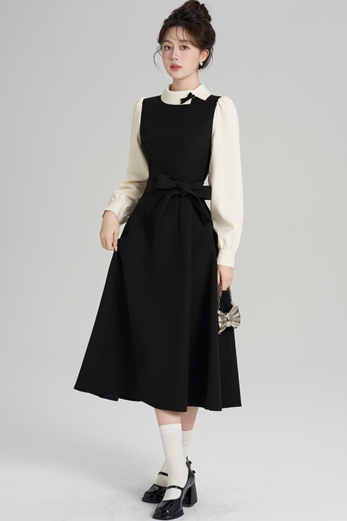 エレガントヘプバーンパッチワークドレス