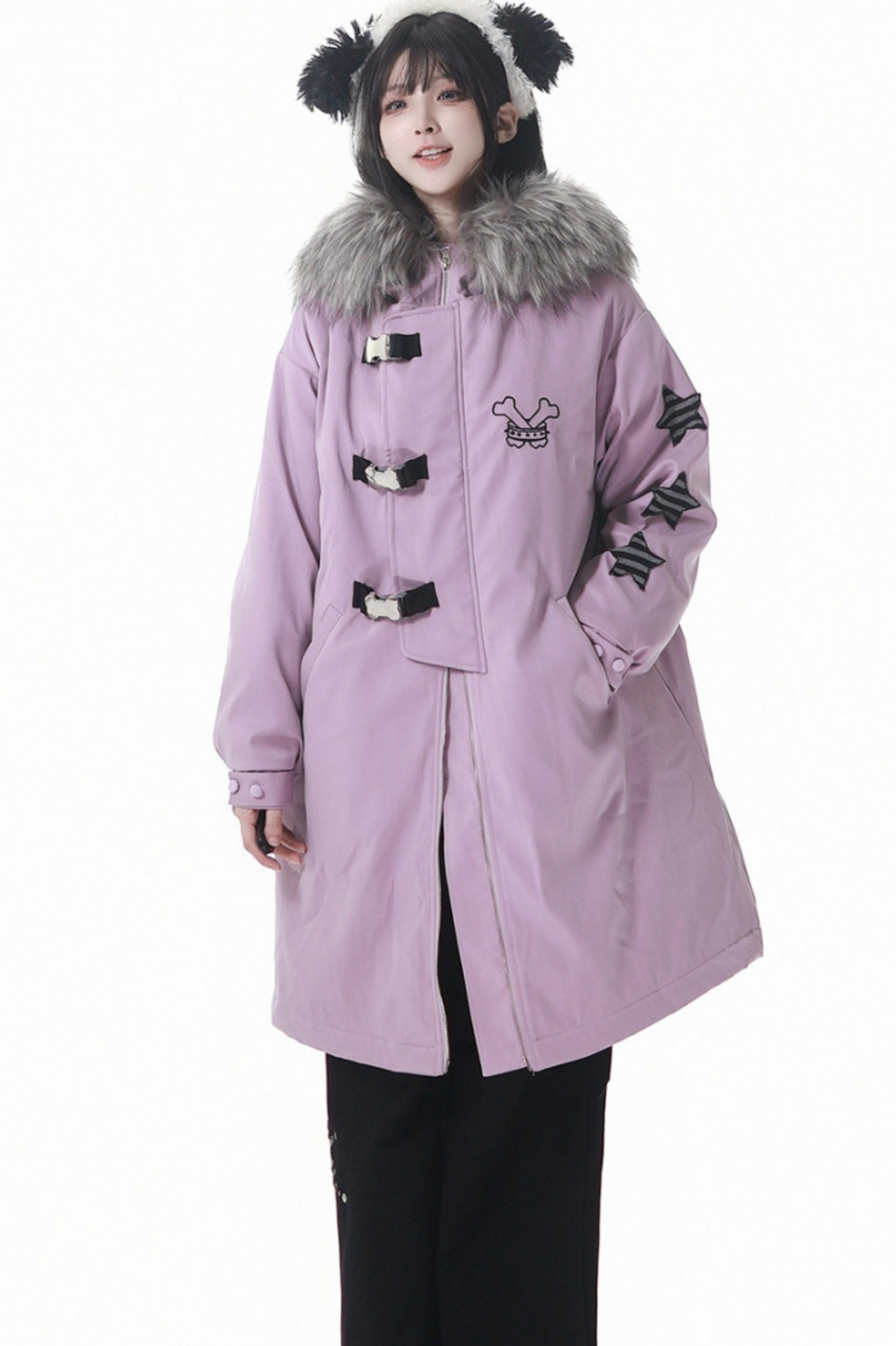 ダークカラーファーフードミドルコート