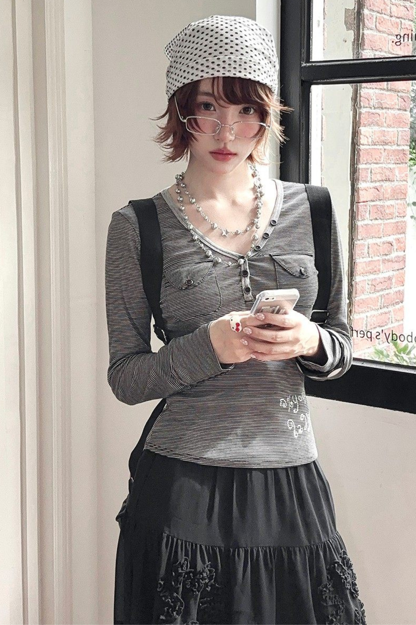 Y2K Striped V-neck Top + Skirt + Pants