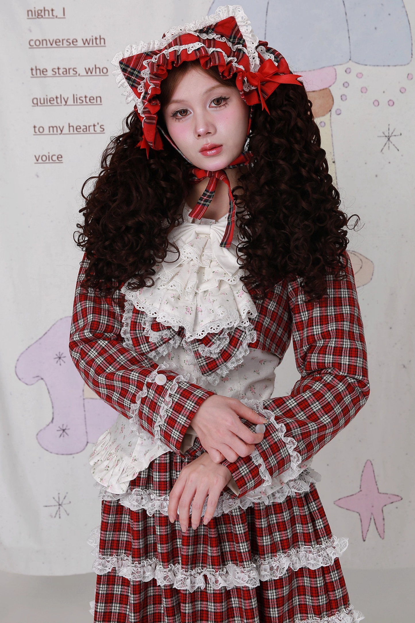 レトロチェックレースリボンショートジャケット