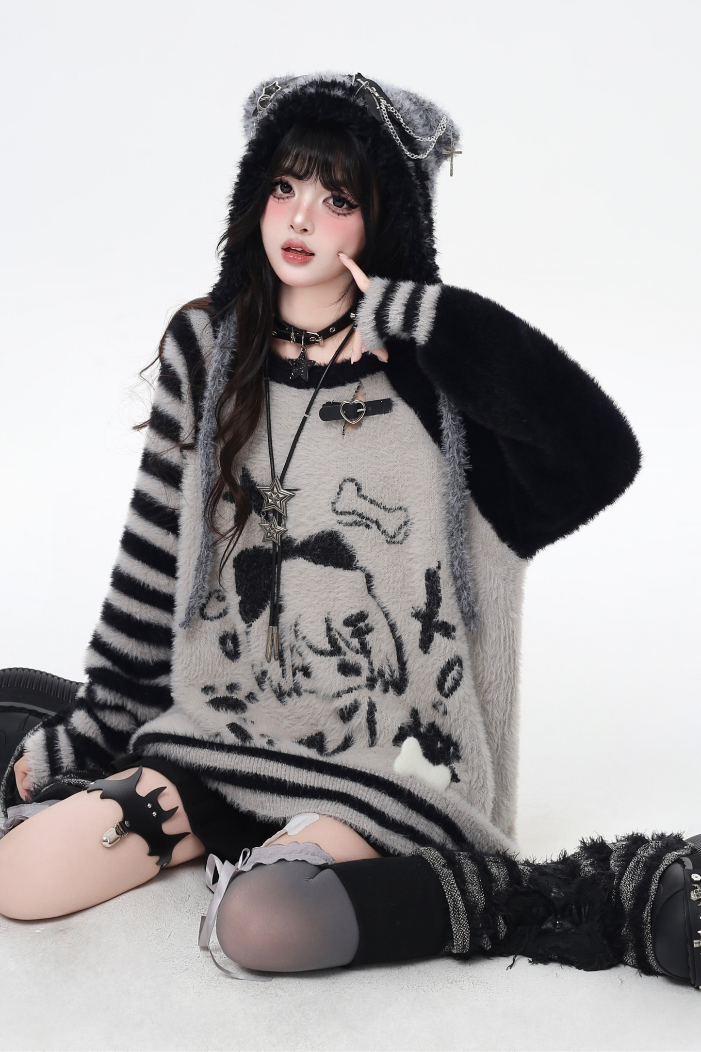 Hooded Loose Top with Striped Asymmetrical Ears