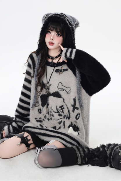 Hooded Loose Top with Striped Asymmetrical Ears