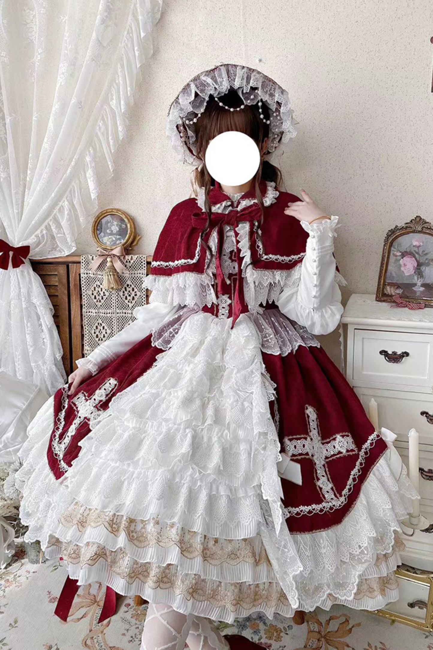 ゴシックドールレースジャンパースカート+ボンネット+ショール