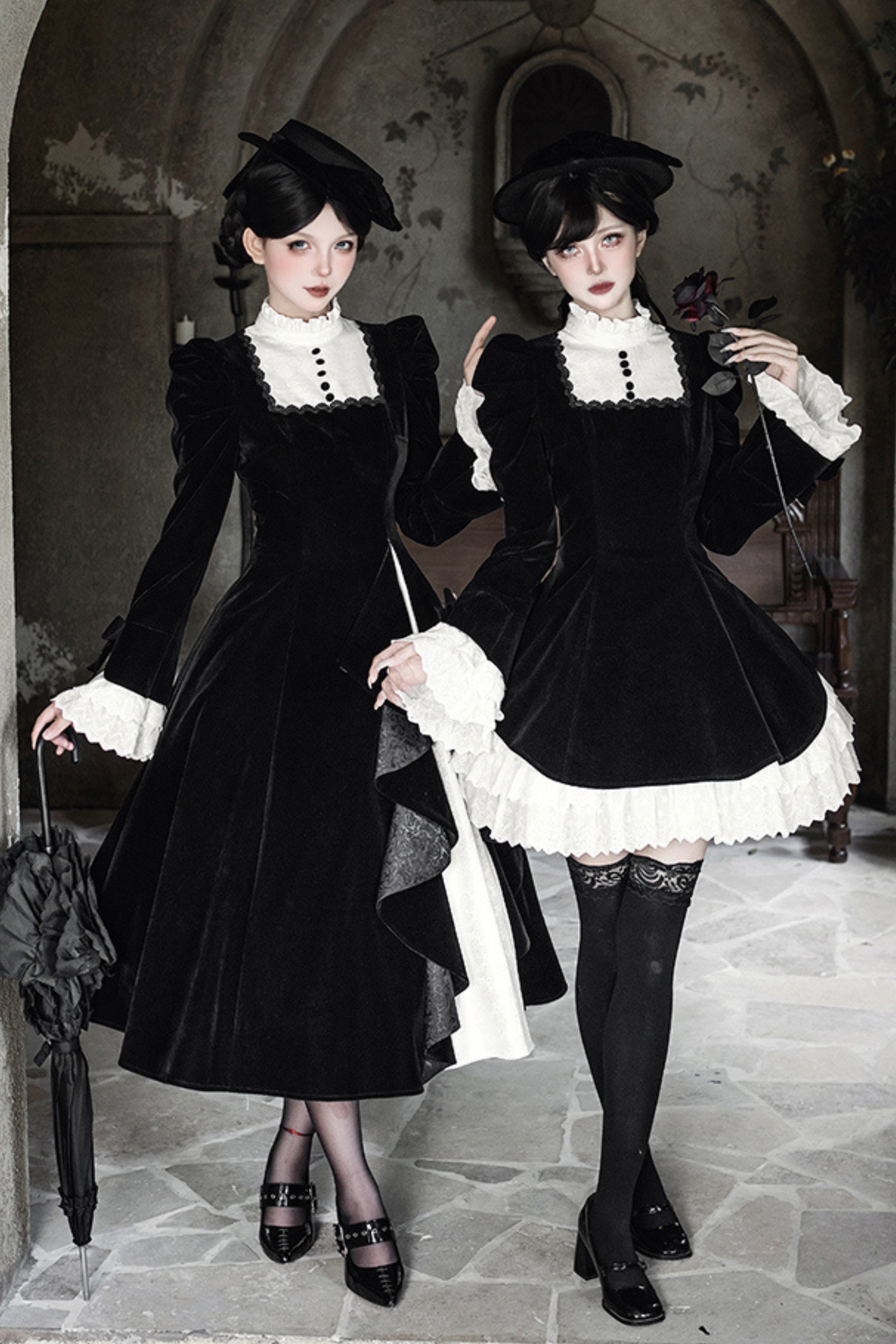 エレガントスリムコントラストカラーツインドレス+カラー+リボン+ブローチ+ハット