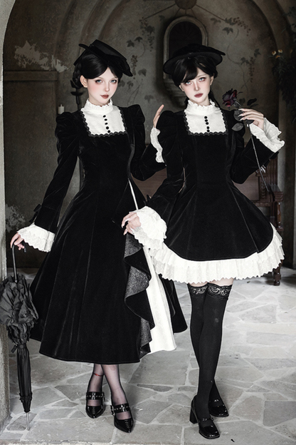 エレガントスリムコントラストカラーツインドレス+カラー+リボン+ブローチ+ハット