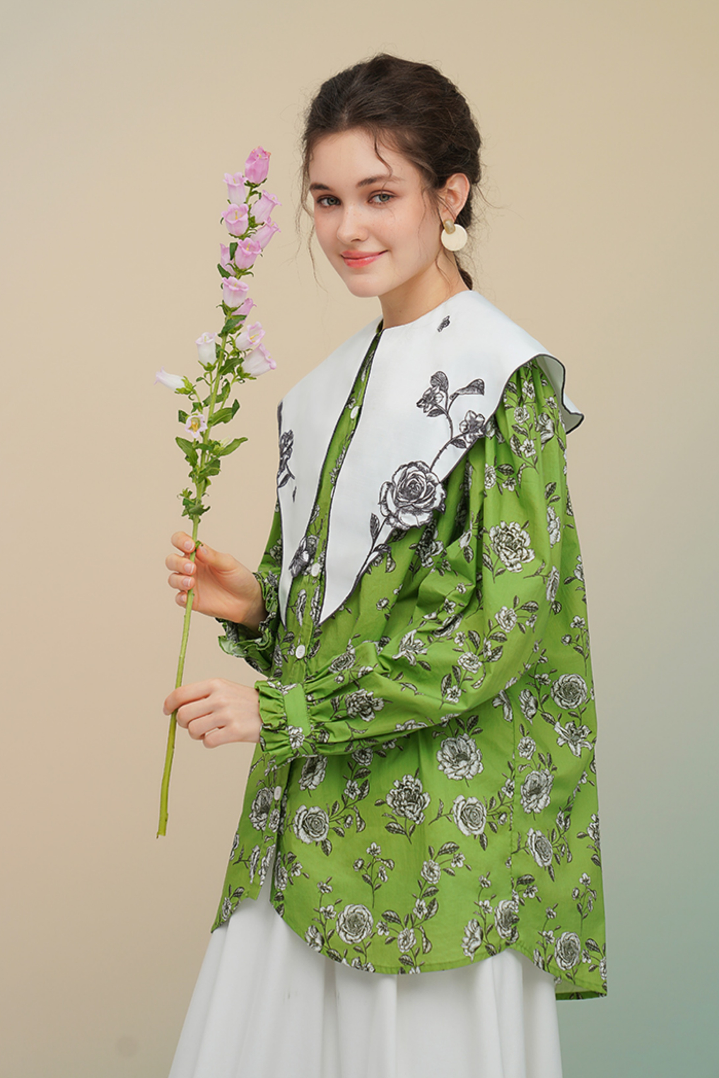 グリーンローズフレンチヴィンテージプリントシャツ