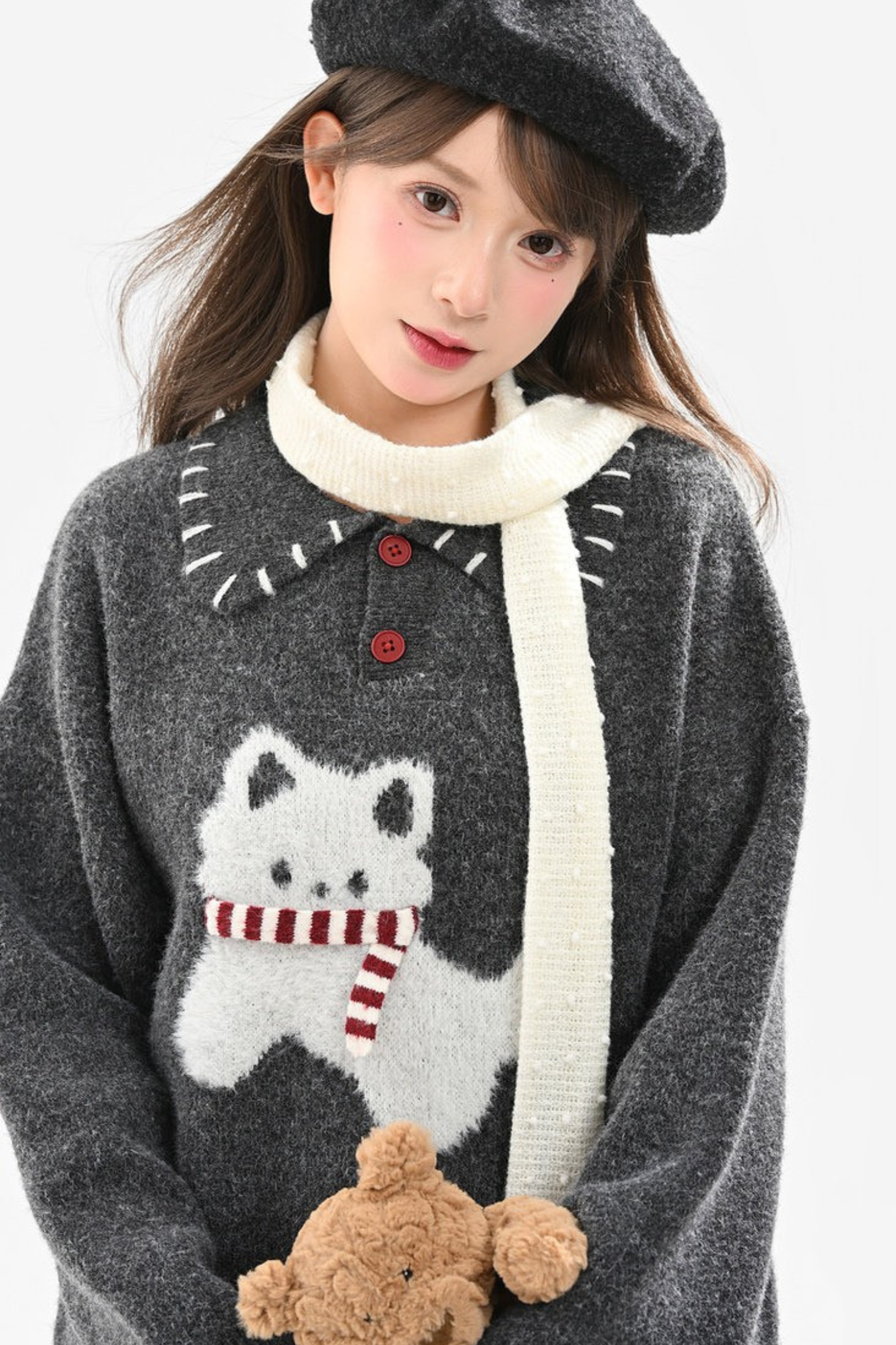 キャットニットセーター+スノーフレークカーディガン