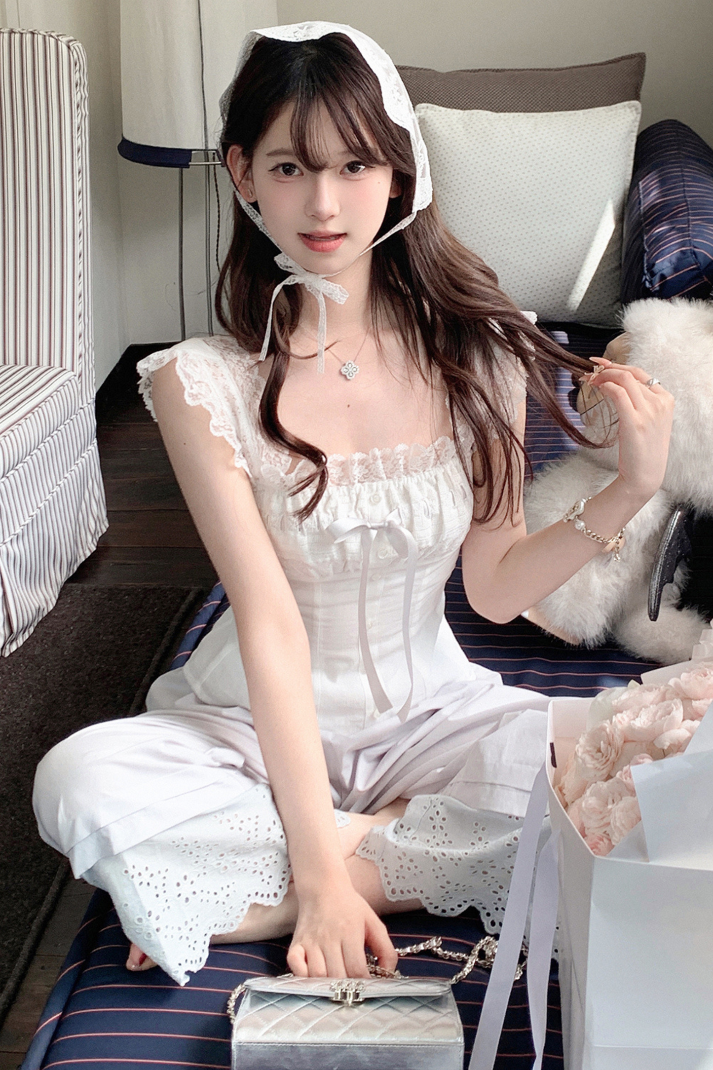 スイートショルダーリボンノースリーブトップス＋レースワイドパンツ