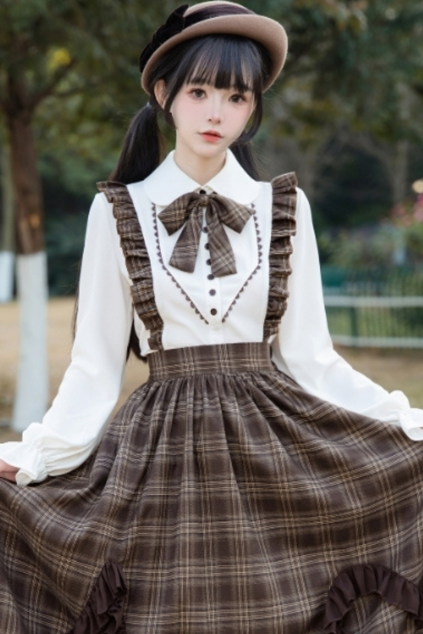 Elegant Check Suspender Skirt + Retro Blouse