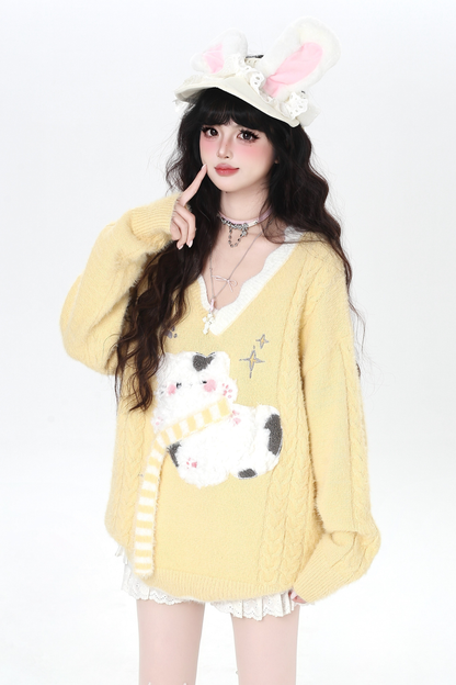 Vネックルーズキャットニット